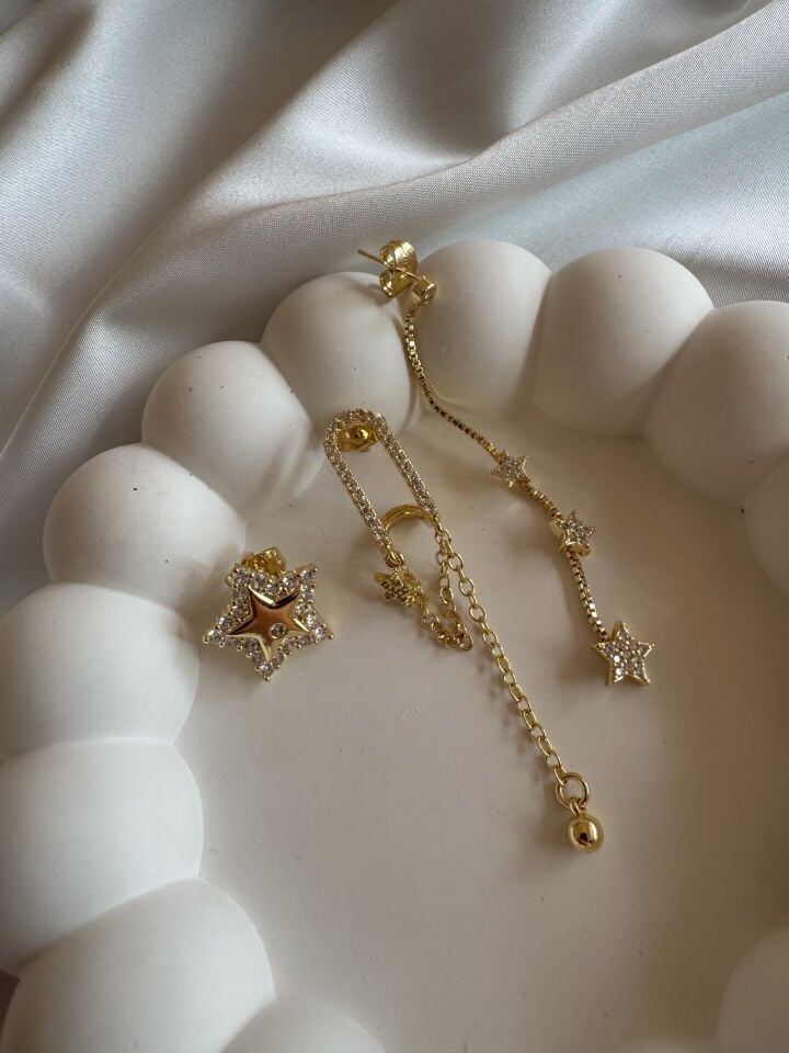 Taş Detaylı Üçlü Set Küpe