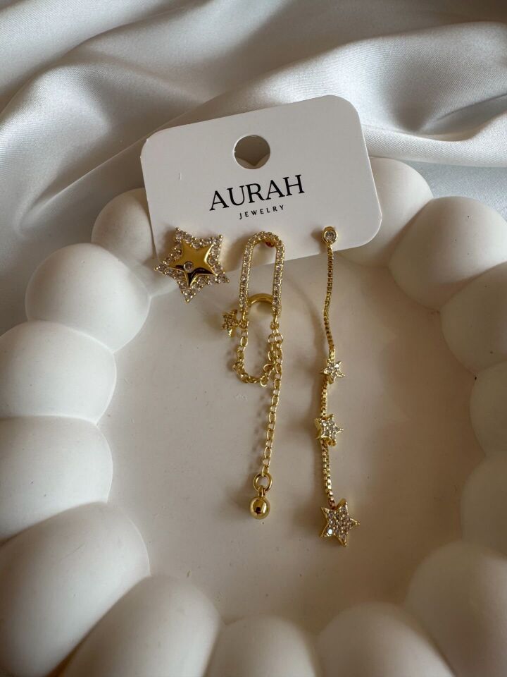 Taş Detaylı Üçlü Set Küpe