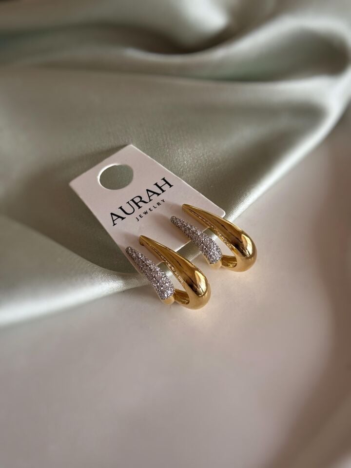 Büyük Taşlı Çift Şerit Küpe