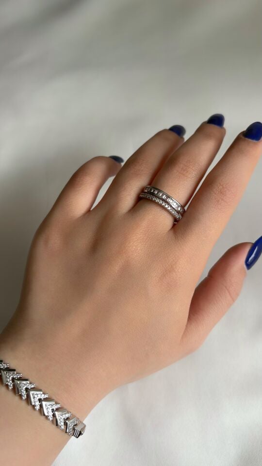 Taşlı Silver Çift Şeritli Yüzük